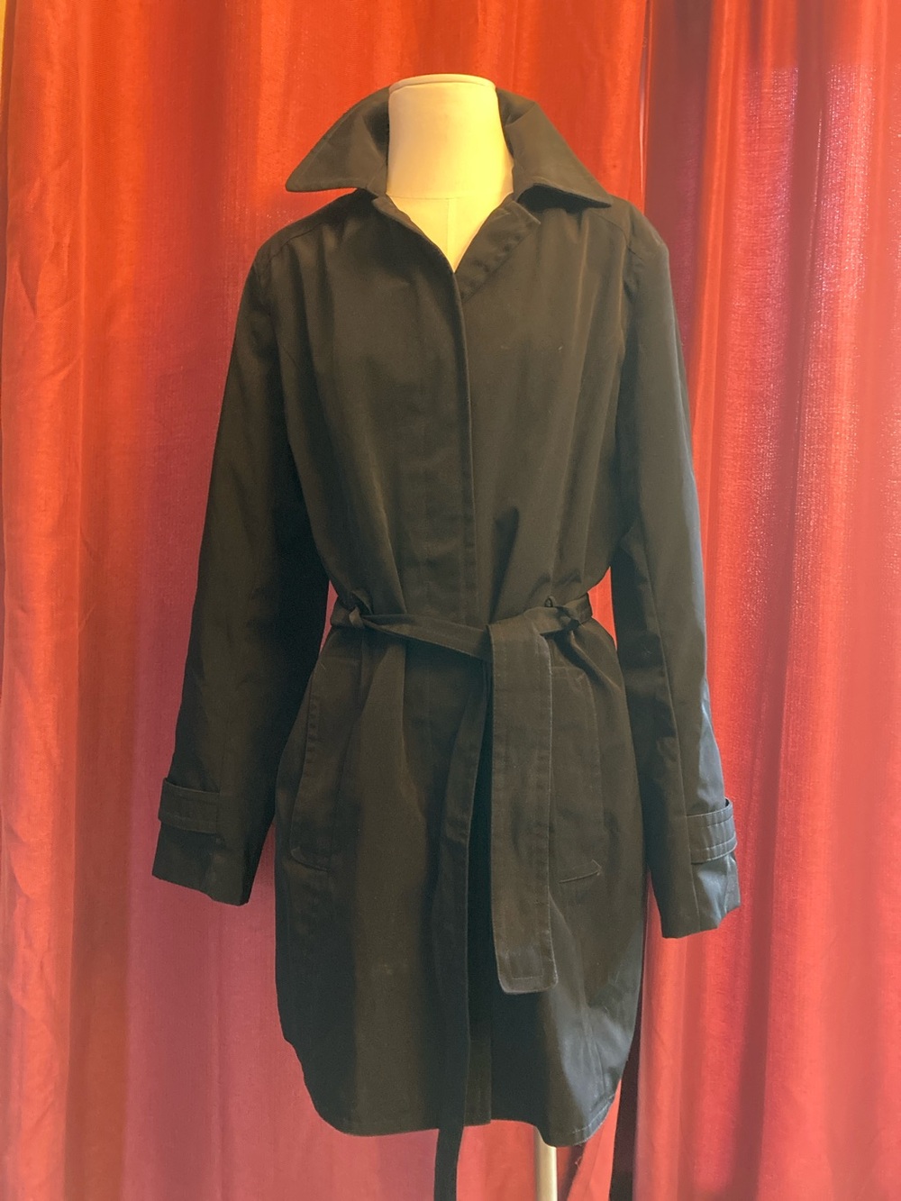 London Fog Classic Black Trench Coat with Tie Belt